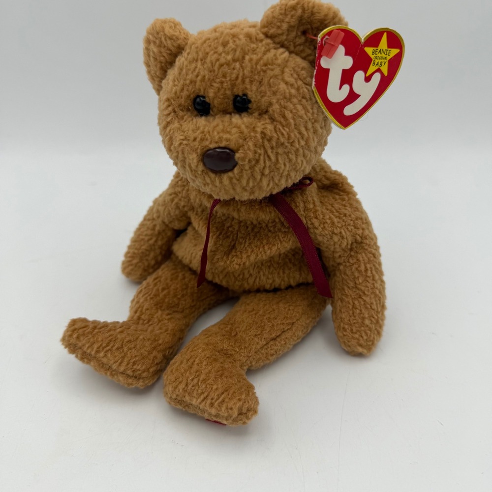 Ty‎ Beanie Baby Curly the Bear Brown Plush Stuffed Animal Red Ribbon With Tags